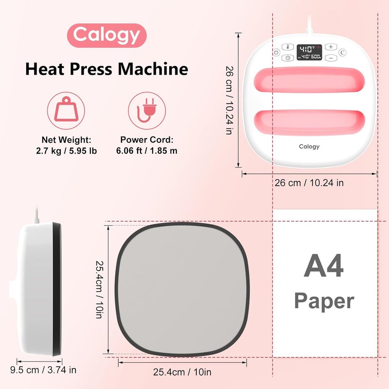 Calogy Heat Press Machine for T-Shirts 10"X10", Portable Heat Press Fast Up to 410℉(210 ºC), Precise Temp Control, 15 Mins Auto Off for Bag, Pillows, Sublimation Vinly Transfer(White Pink, 10 x 10 In) - Image 2